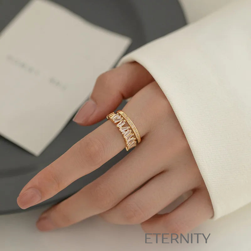 Anillo dorado con doble fila de cristales baguette y redondos Anillos Dorado Ajustable Acero Inoxidable ETERNITY