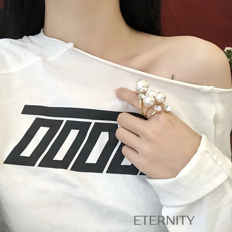 Anillos de Impacto Stellar Pearl con Cristales y Perlas de Gran Tamaño Anillos Perla Unica Acero Inoxidable ETERNITY