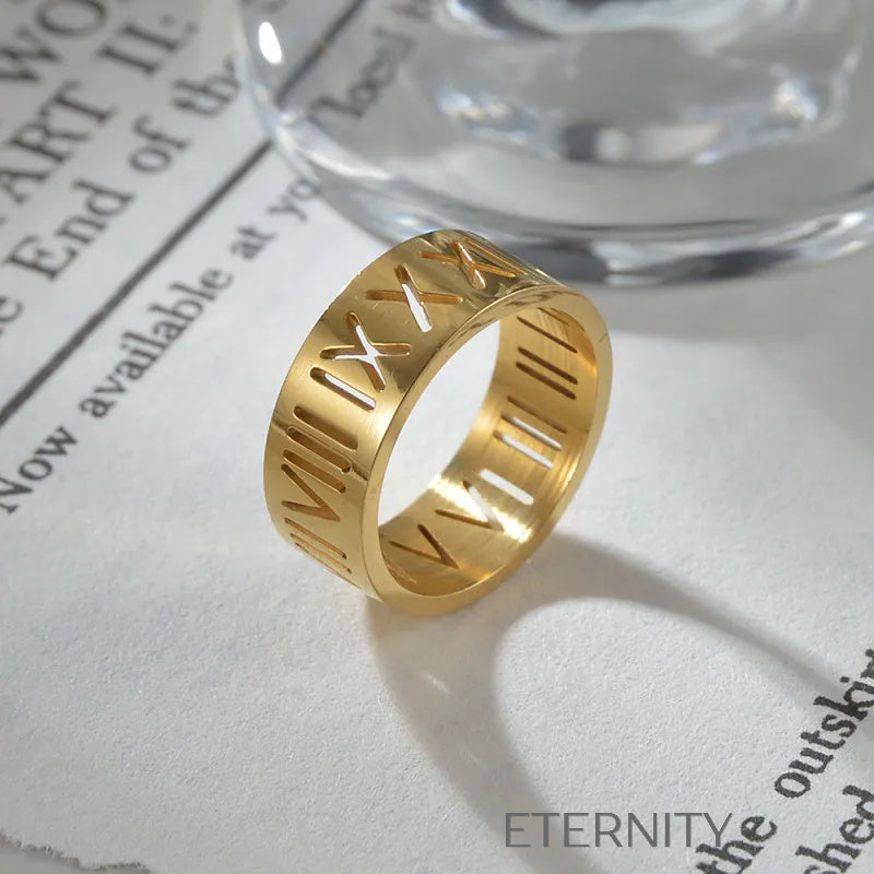 Anillo Calado Eternal Roman Numeral en Oro Plata y Negro Anillos Negro 10 Acero Inoxidable ETERNITY