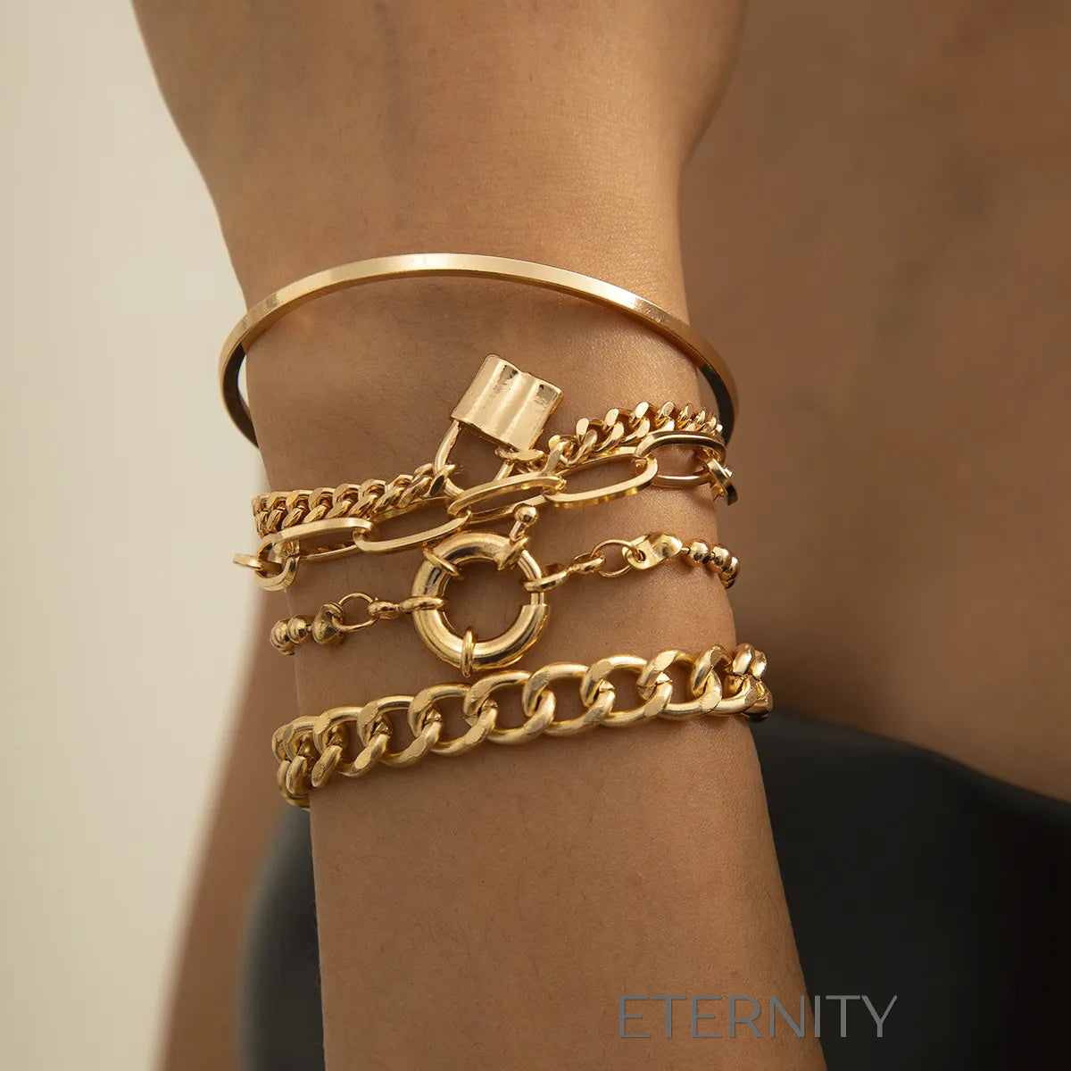 Set Brazaletes Industrial Lock Brazaletes Dorado Unica Acero Inoxidable ETERNITY