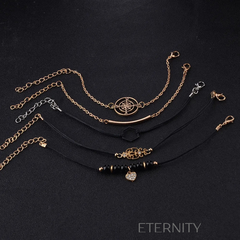 Set de Pulseras Explorer’s Soul con Dijes de Brújula y Corazón Brazaletes Negro Unica Acero Inoxidable ETERNITY