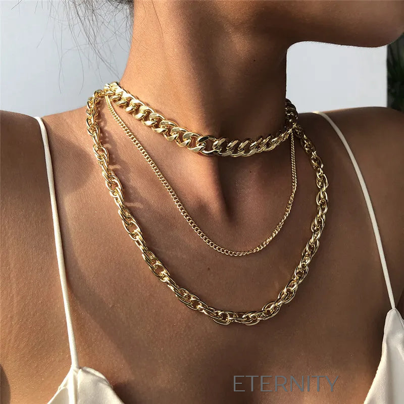 Set de Triple Collar de Cadenas en Capas Oro 18K Cadenas Dorado Unica Acero Inoxidable ETERNITY