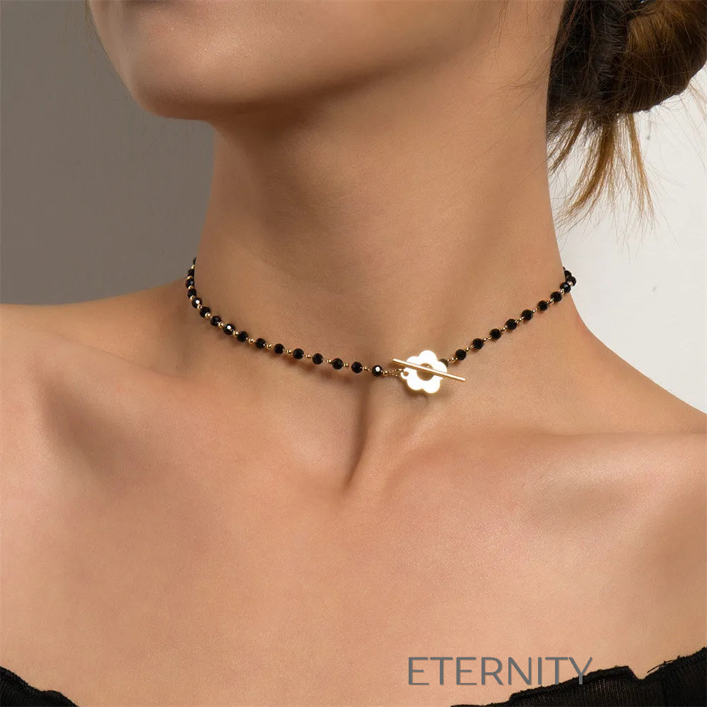 Gargantilla Flower Toggle de Cuentas Negras con Cierre Frontal de Flor en Oro y Plata Cadenas Dorado Unica Acero Inoxidable ETERNITY