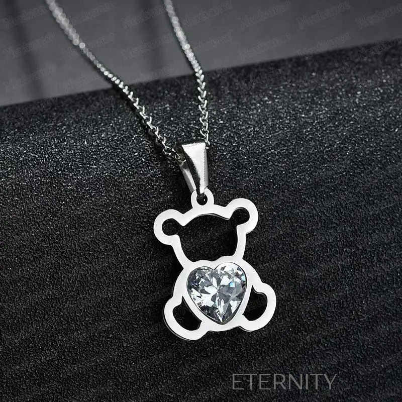 Collar de Oso con Cristal Corazón en Oro y Plata Cadenas Dorado Unica Acero Inoxidable ETERNITY