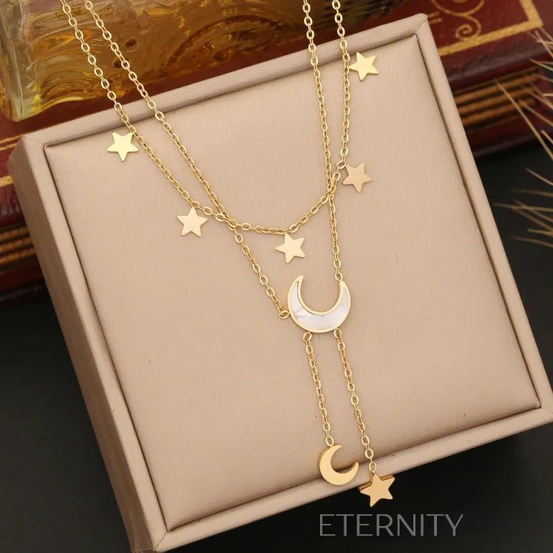 Collar Stellar Cascade Estrellas y Cristal Cadenas Dorado Unica Acero Inoxidable ETERNITY