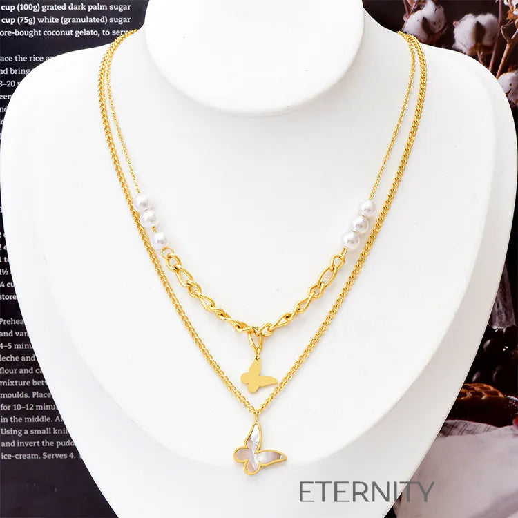 Collar Doble Nymph Pearl con Mariposas y Perlas Cadenas Dorado Unica Acero Inoxidable ETERNITY