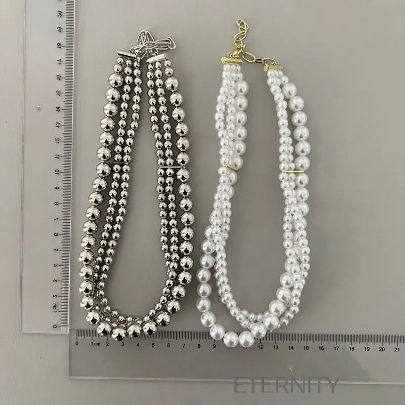 Collar plateado de múltiples hileras con esferas metálicas elegantes Cadenas Perla Unica Acero Inoxidable ETERNITY