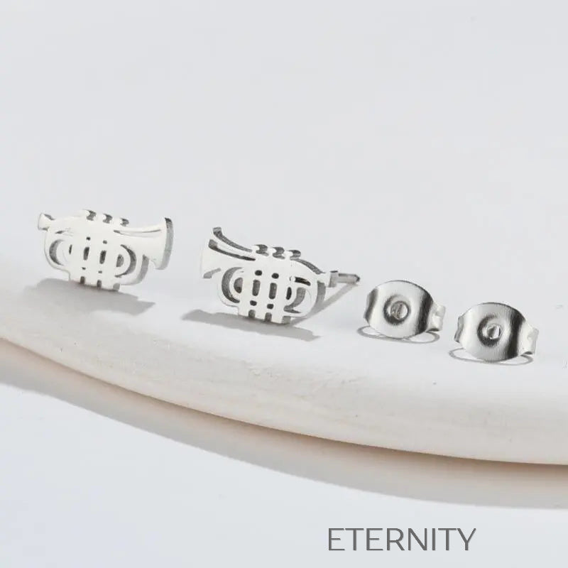Zarcillos de Trompeta Minimalistas en Oro Plata y Negro Zarcillos Negro Unica Acero Inoxidable ETERNITY