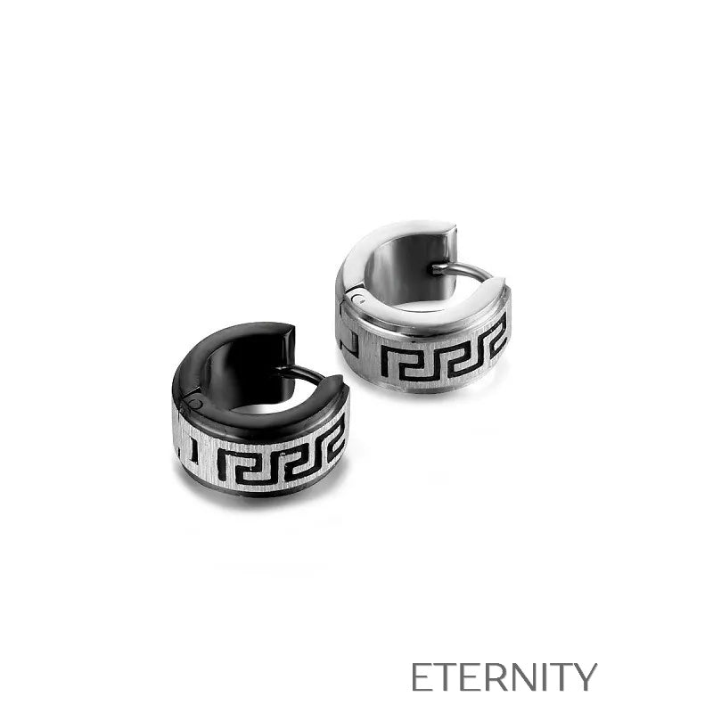 Zarcillos Grecian Key Huggies Grabados Zarcillos Negro Unica Acero Inoxidable ETERNITY