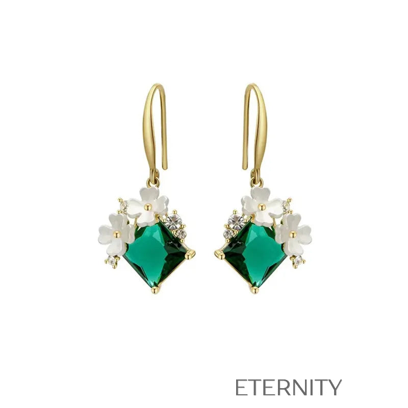 Zarcillos Garden Emerald con Cristal Esmeralda y Flores de Nácar Zarcillos Verde Unica Acero Inoxidable ETERNITY