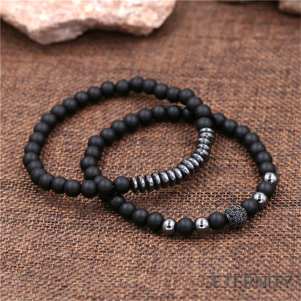 Set de 3 Brazaletes Negros Mate y Plateados con Circonitas para Hombre - ETERNITY