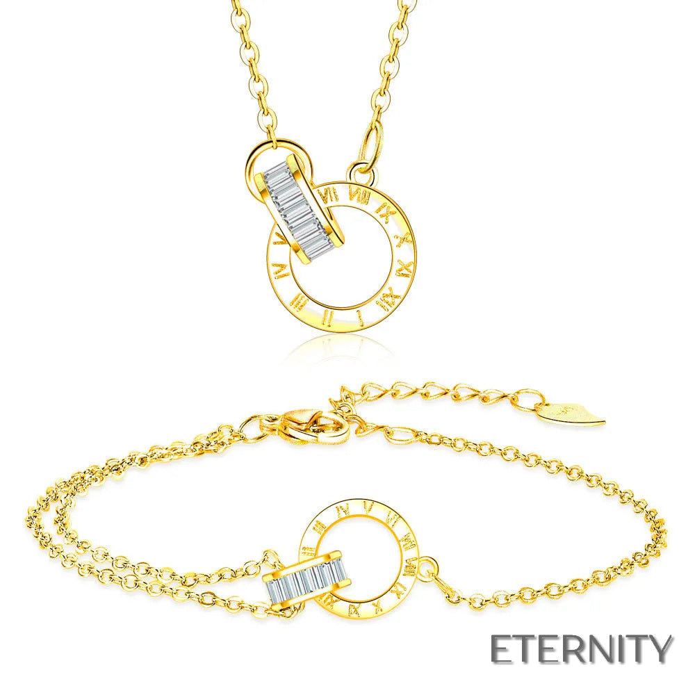 Elegante Juego de Accesorios Femeninas: Collar y Brazalete con Diseño Circular, Números Romanos y Cristales - ETERNITY