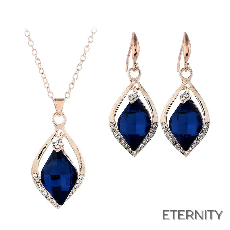 Set de Collar y Pendientes con Diseño Geométrico y Cristal Azul - ETERNITY