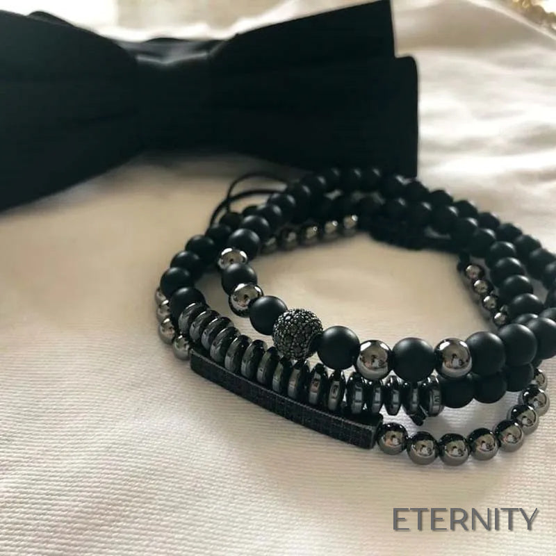 Set de 3 Brazaletes Negros Mate y Plateados con Circonitas para Hombre - ETERNITY