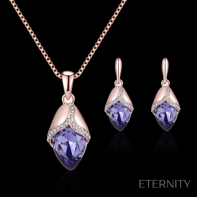 Set Elegante de Collar y Zarcillos con Cristales en Forma de Capullo Oro Rosa y Morado/Plateado y Azul - ETERNITY