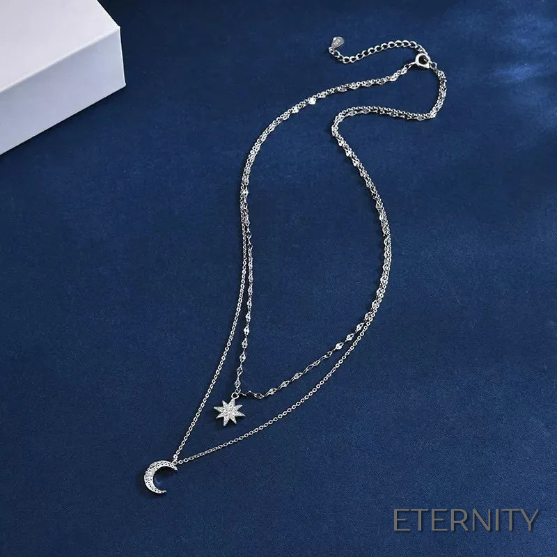Cadena de Doble Capa con Dijes de Luna y Estrella de Circonitas - ETERNITY