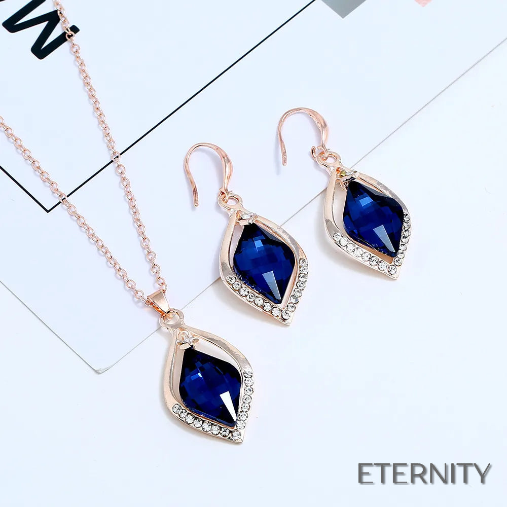 Set de Collar y Pendientes con Diseño Geométrico y Cristal Azul - ETERNITY