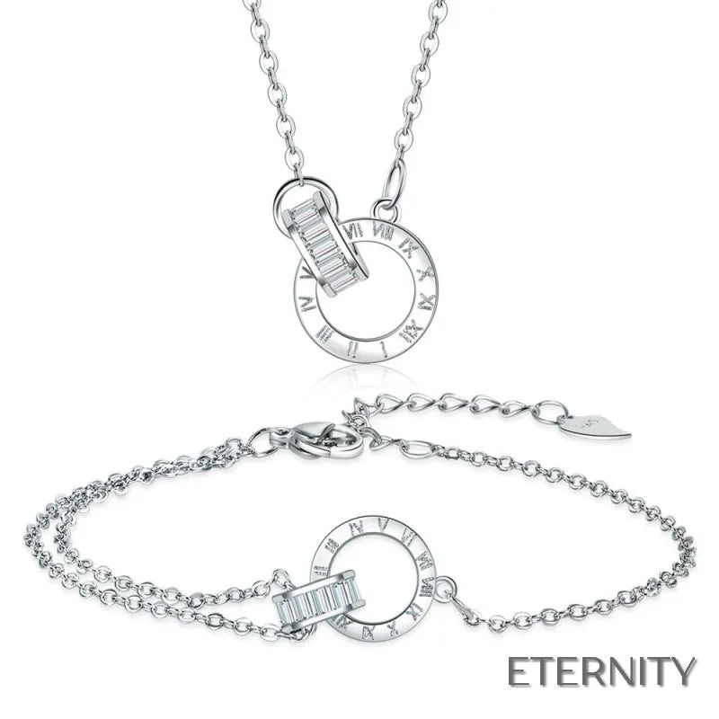 Elegante Juego de Accesorios Femeninas: Collar y Brazalete con Diseño Circular, Números Romanos y Cristales - ETERNITY