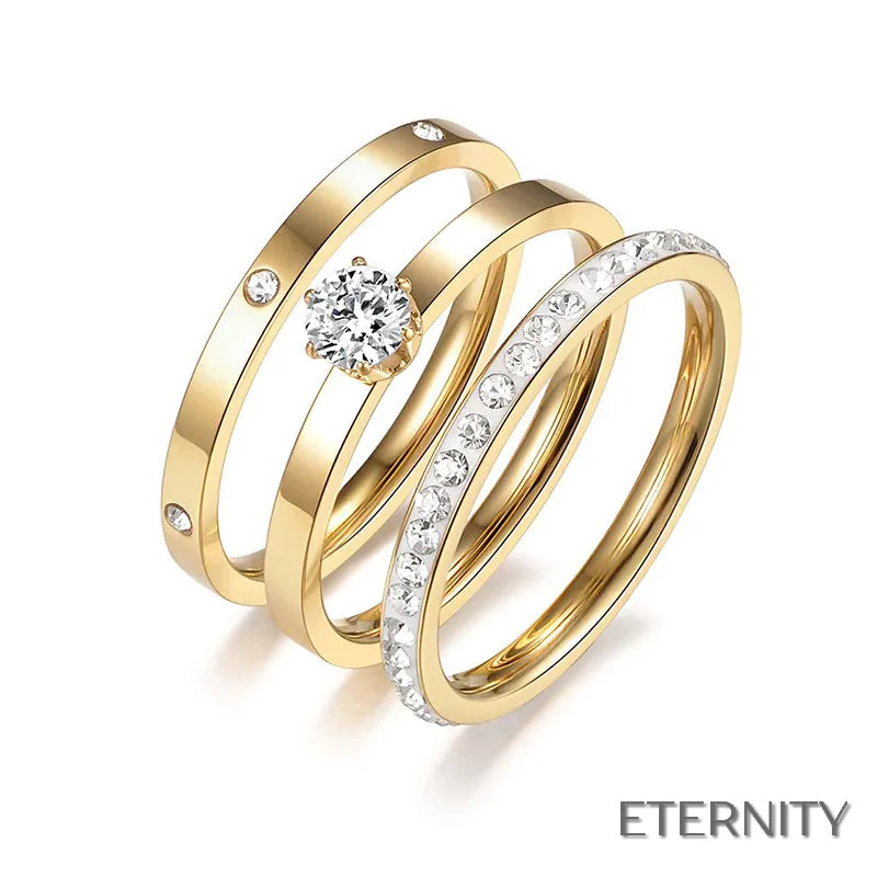 Trío de Anillos Femeninos: Solitario, Hilera de Brillantes y Detalles Luminosos - ETERNITY