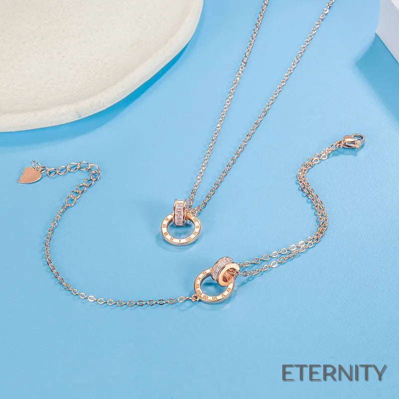 Elegante Juego de Accesorios Femeninas: Collar y Brazalete con Diseño Circular, Números Romanos y Cristales - ETERNITY