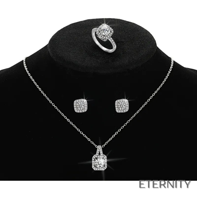 Elegante Trío de Joyas: Anillo, Collar y Aretes Cuadrados con Destellos - ETERNITY