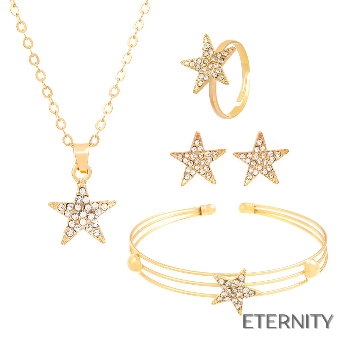 Set de Accesorios Dorado con Corazón y Brillantes: Cadena, Pulsera, Anillo y zarcillos - ETERNITY