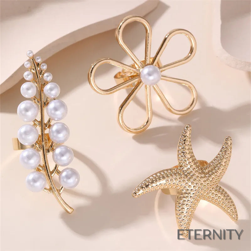 Anillos Dorados Exagerados con Perlas (Rama, Flor, Estrella de Mar) - ETERNITY