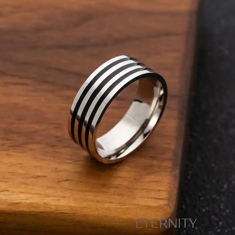 Anillo Linear Steel de Bandas Negras  Anillos Plateado 10 Acero Inoxidable  ETERNITY