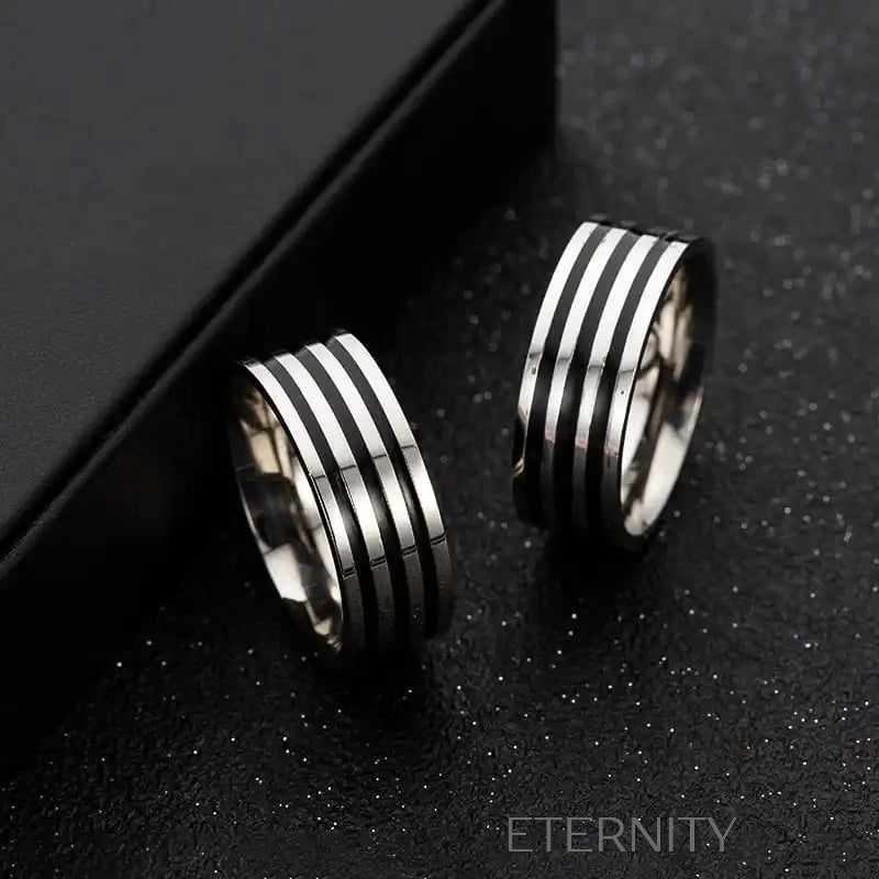 Anillo Linear Steel de Bandas Negras  Anillos Plateado 10 Acero Inoxidable  ETERNITY