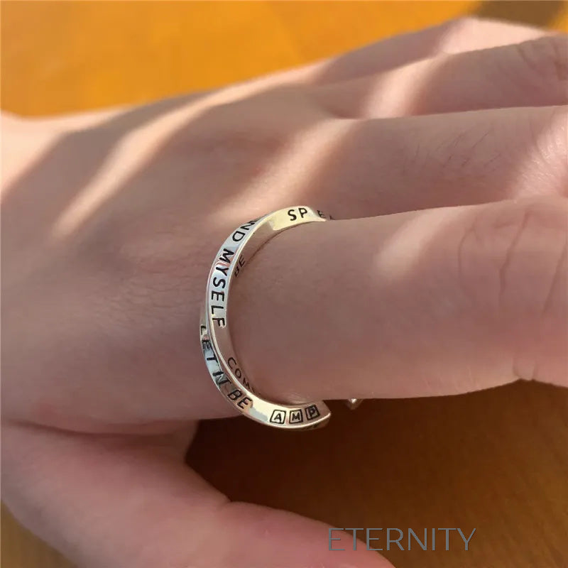 Anillo plateado grabado con mensaje motivacional elegante Anillos Plateado Ajustable Acero Inoxidable  ETERNITY