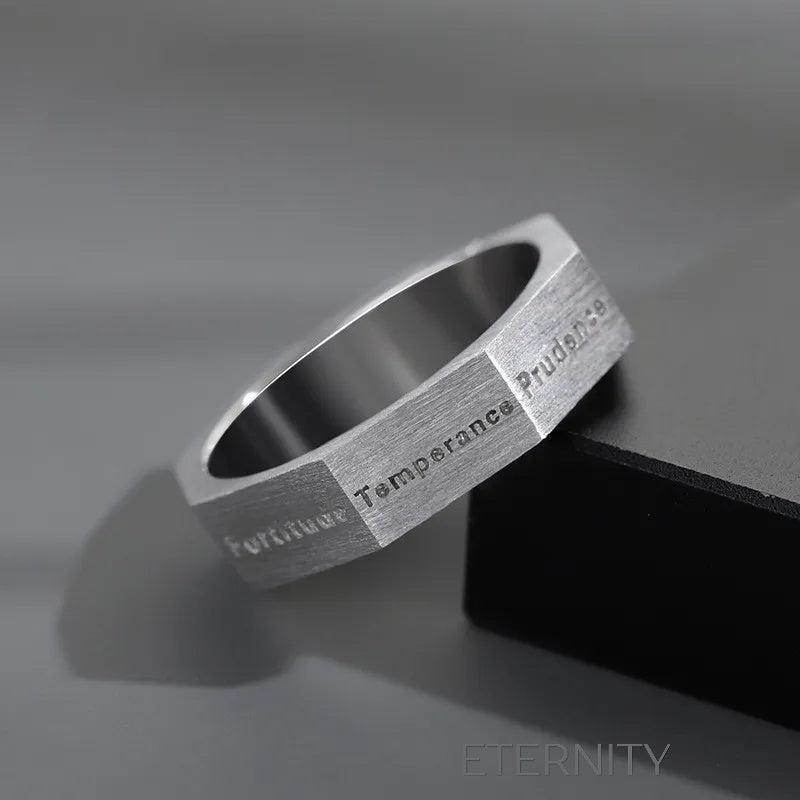 Anillo Virtue & Wisdom Hexagonal de Acero Cepillado  Anillos Plateado Ajustable Acero Inoxidable  ETERNITY