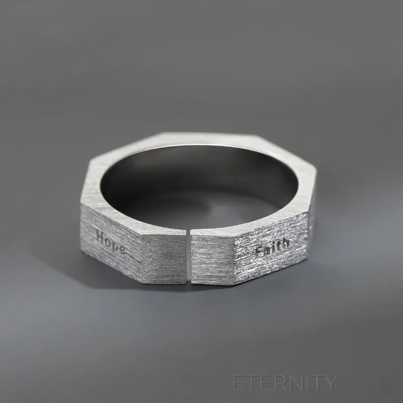Anillo Virtue & Wisdom Hexagonal de Acero Cepillado  Anillos Plateado Ajustable Acero Inoxidable  ETERNITY