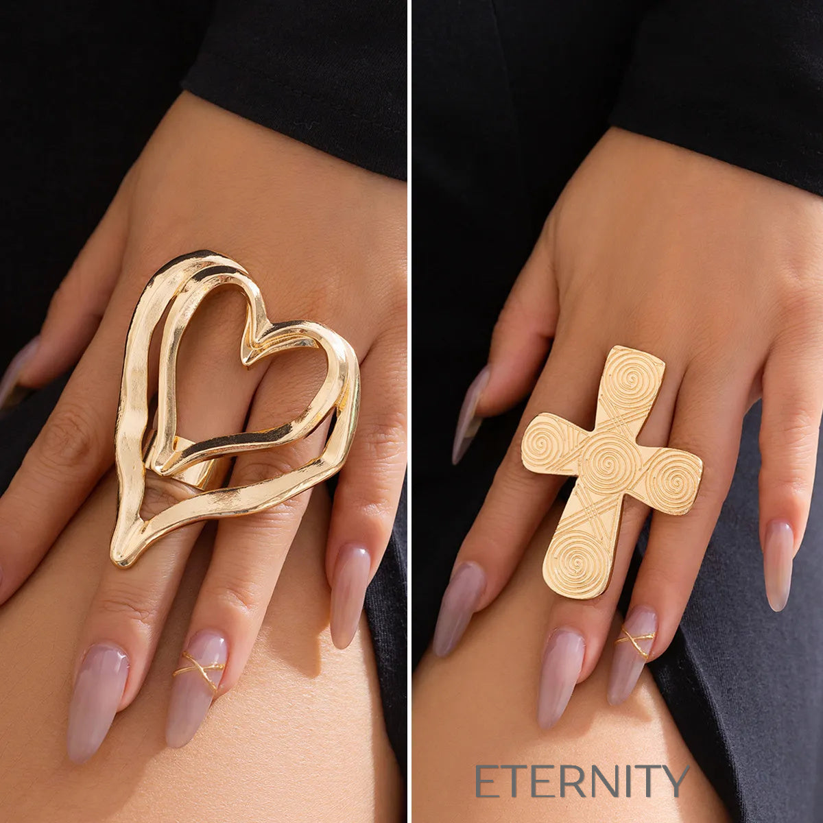 Anillo de Corazón Doble XL Plata y Oro  Anillos Dorado Unica Acero Inoxidable  ETERNITY
