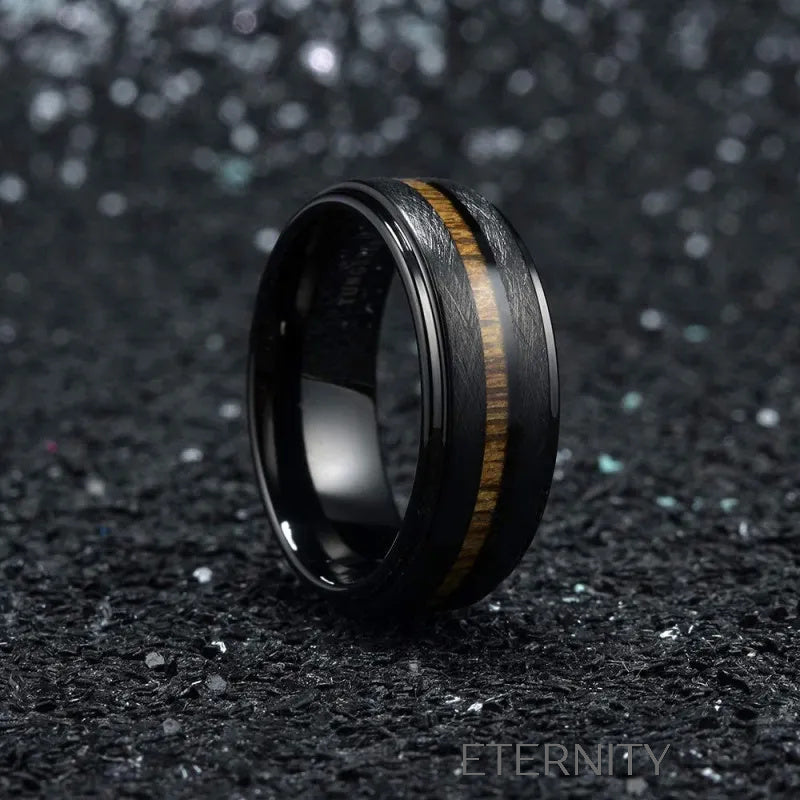 Anillo negro con incrustación de madera elegante Anillos Negro 10 Acero Inoxidable  ETERNITY