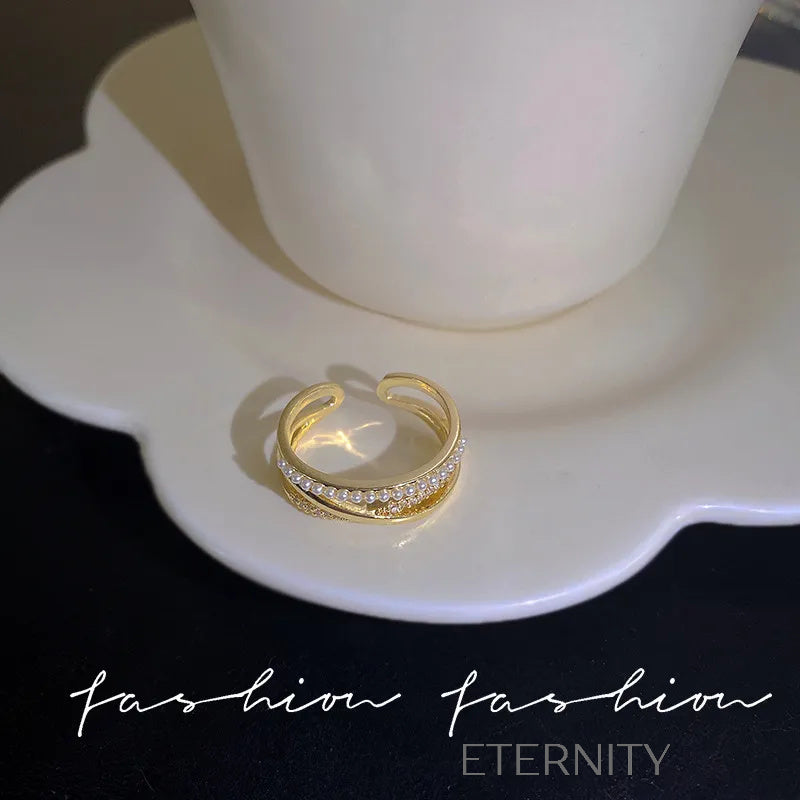 Anillos Ajustables de Lujo con Cristales y Detalles Nacarados  Anillos Dorado Ajustable Acero Inoxidable  ETERNITY