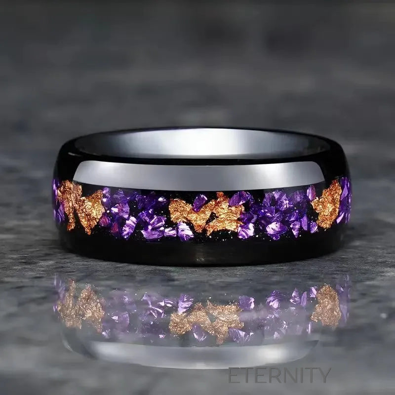 Anillos Cosmic Fragment de Banda Negra con Incrustaciones de Cuarzo Púrpura y Cobre  Anillos Negro 10 Acero Inoxidable  ETERNITY