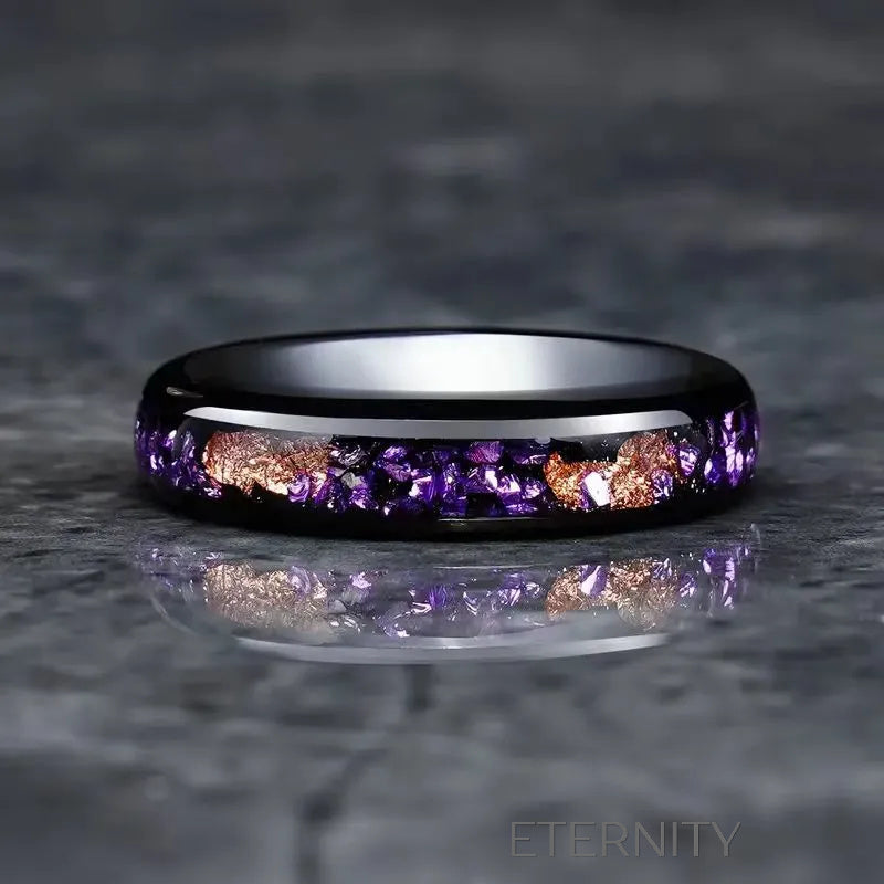 Anillos Cosmic Fragment de Banda Negra con Incrustaciones de Cuarzo Púrpura y Cobre  Anillos Negro 10 Acero Inoxidable  ETERNITY