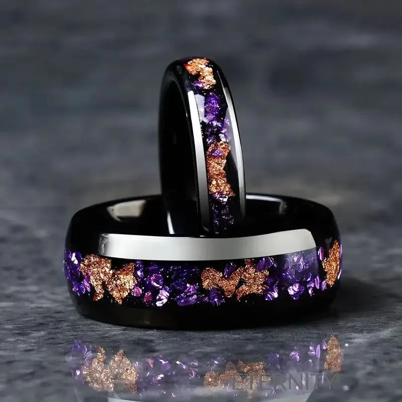 Anillos Cosmic Fragment de Banda Negra con Incrustaciones de Cuarzo Púrpura y Cobre  Anillos Negro 10 Acero Inoxidable  ETERNITY