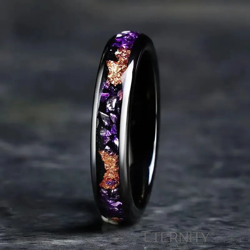 Anillos Cosmic Fragment de Banda Negra con Incrustaciones de Cuarzo Púrpura y Cobre  Anillos Negro 10 Acero Inoxidable  ETERNITY