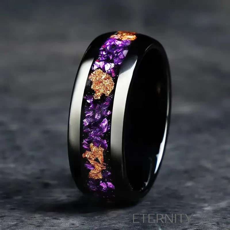 Anillos Cosmic Fragment de Banda Negra con Incrustaciones de Cuarzo Púrpura y Cobre  Anillos Negro 10 Acero Inoxidable  ETERNITY