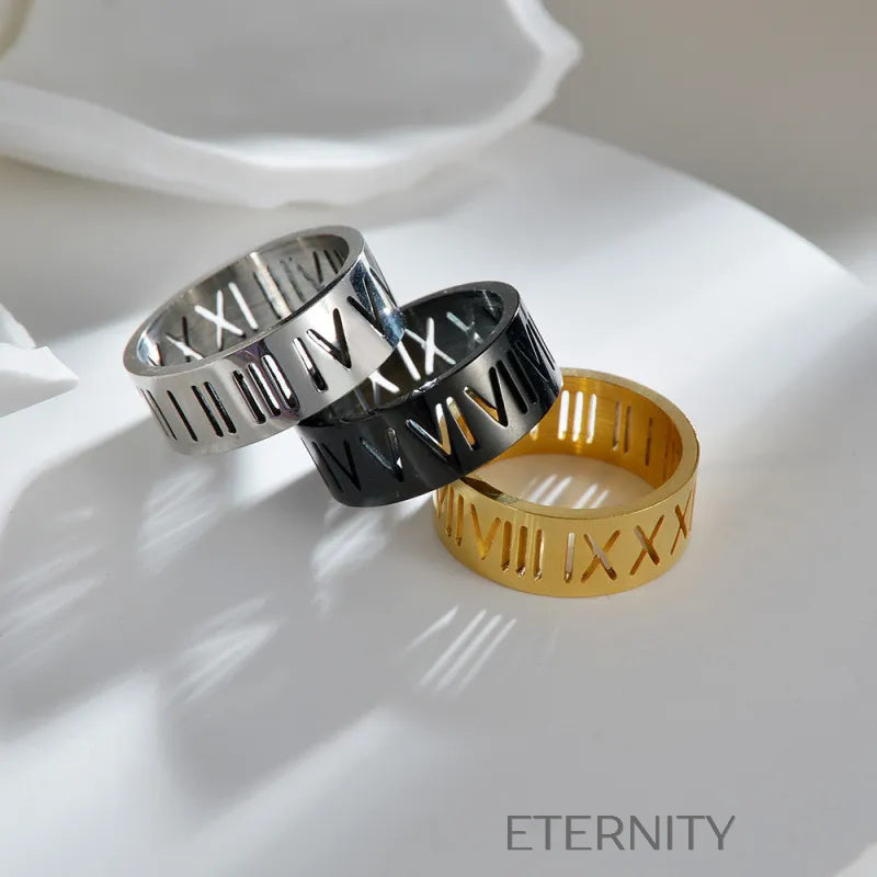 Anillo Calado Eternal Roman Numeral en Oro Plata y Negro  Anillos Negro 10 Acero Inoxidable  ETERNITY