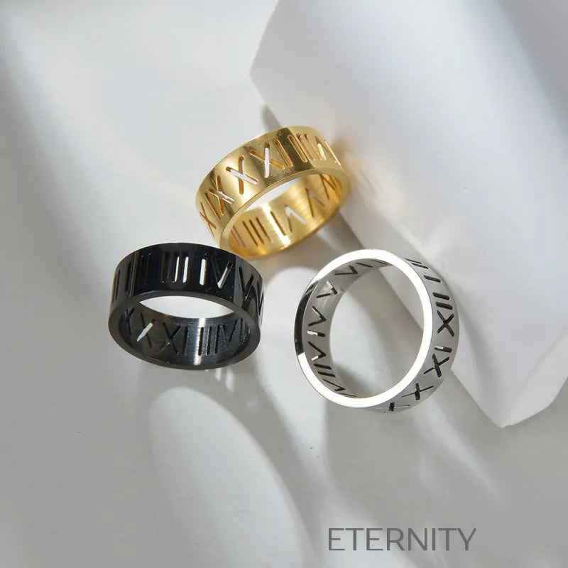 Anillo Calado Eternal Roman Numeral en Oro Plata y Negro  Anillos Negro 10 Acero Inoxidable  ETERNITY