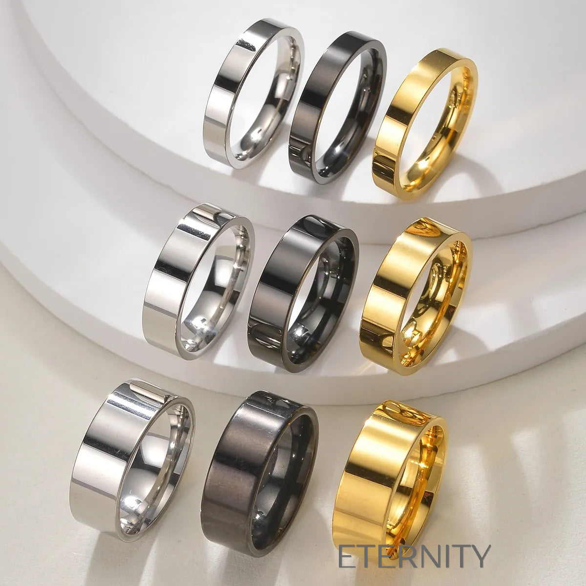 Anillos de Banda Lisa Essential Band en Gold Silver y Black  Anillos Negro 10 Acero Inoxidable  ETERNITY