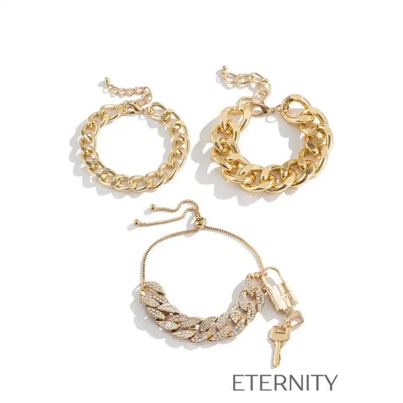 Set de Brazaletes de Cadena Gruesa en Oro con Detalles de Cristales  Brazaletes Dorado Unica Acero Inoxidable  ETERNITY