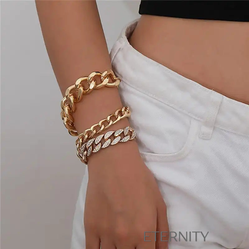 Set de Brazaletes de Cadena Gruesa en Oro con Detalles de Cristales  Brazaletes Dorado Unica Acero Inoxidable  ETERNITY