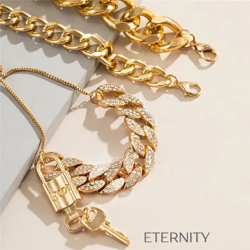 Set de Brazaletes de Cadena Gruesa en Oro con Detalles de Cristales  Brazaletes Dorado Unica Acero Inoxidable  ETERNITY
