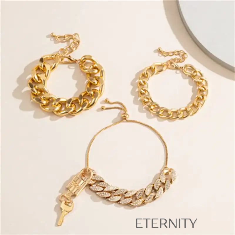 Set de Brazaletes de Cadena Gruesa en Oro con Detalles de Cristales  Brazaletes Dorado Unica Acero Inoxidable  ETERNITY