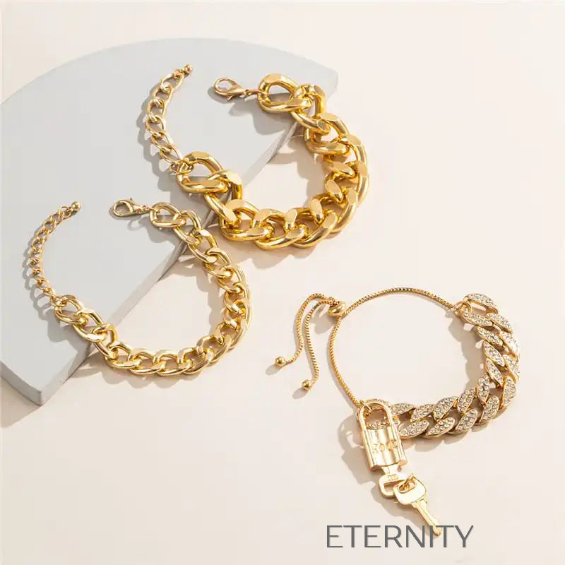 Set de Brazaletes de Cadena Gruesa en Oro con Detalles de Cristales  Brazaletes Dorado Unica Acero Inoxidable  ETERNITY