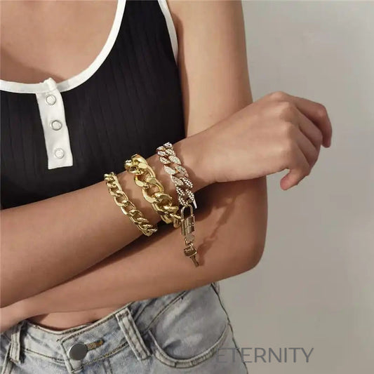 Set de Brazaletes de Cadena Gruesa en Oro con Detalles de Cristales  Brazaletes Dorado Unica Acero Inoxidable  ETERNITY