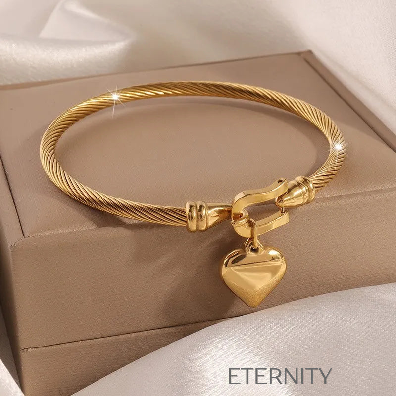 Brazalete Rígido Heart Cable de Acero Torsonado con Dije de Corazón en Oro y Plata  Brazaletes Dorado Unica Acero Inoxidable  ETERNITY